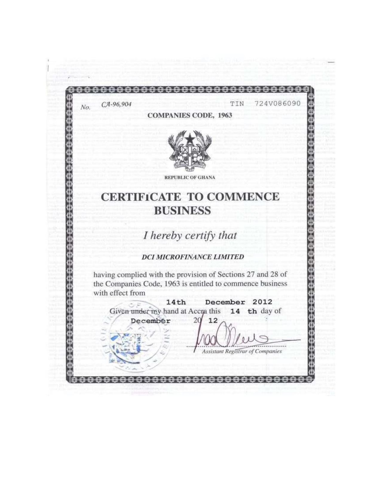 Certificate to Commence Business